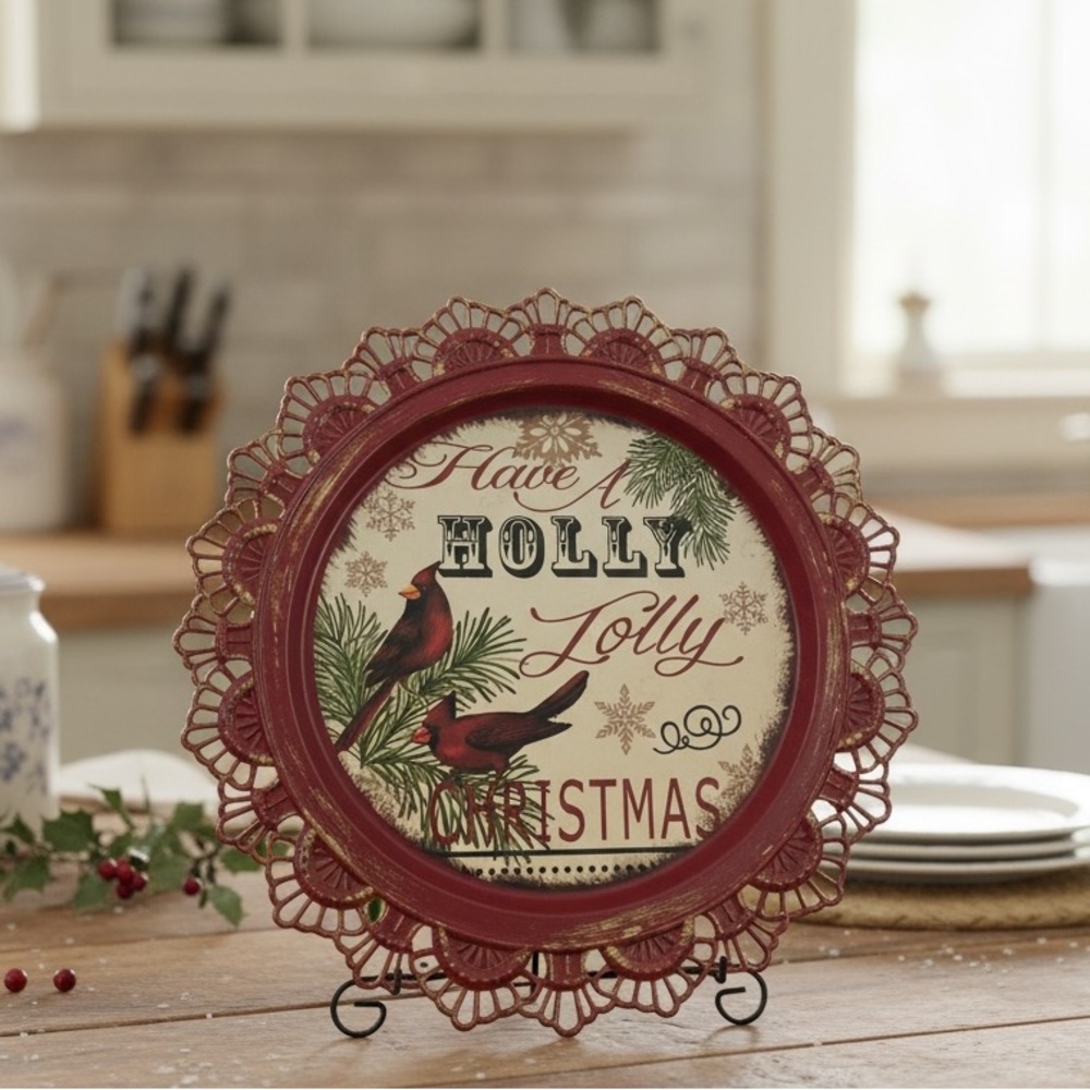 Metal Christmas tray with lacy edges, can be used for serving or displayed